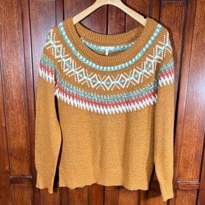 Maurices Fair Isle Knit Sweater w/ Nordic Style Print  Brown/Cream/Teal - Large